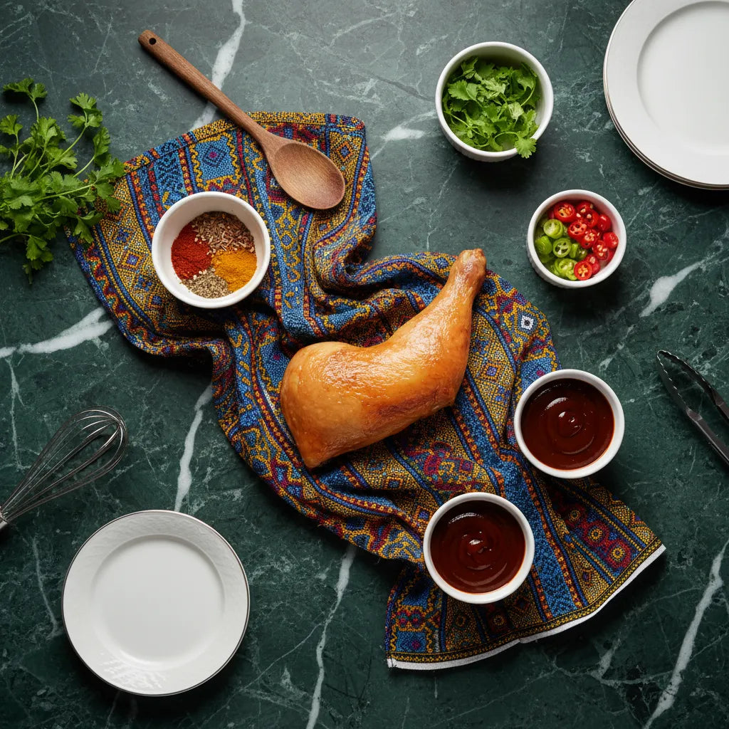 Cuisse pintade fumée présentée avec épices et sauces sur nappe colorée. Ingrédient parfait pour cuisine maison aux saveurs riches.